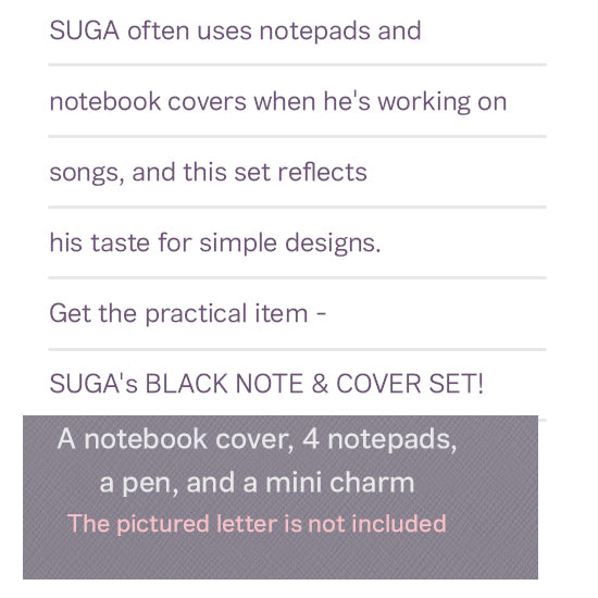 BTS SUGA Black Note & Cover Set – MrsMunKorea Shop